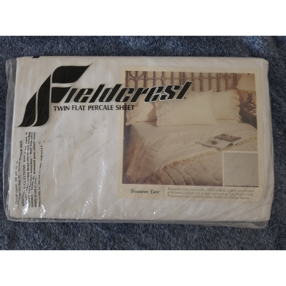 Fieldcrest Twin Flat Sheet White Lace Polycotton Blend Made in USA New